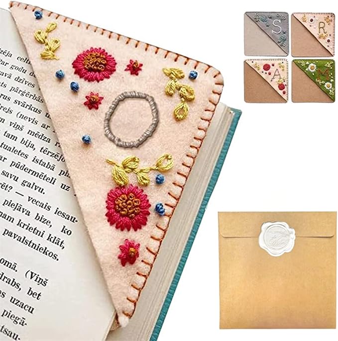 Personalized Hand Embroidered Corner Bookmark, 26 Letters Hand Stitched Felt Corner Letter Bookmark, Cute Flower Embroidery Bookmarks for Book Reading Lovers Meaningful Gift (Fall，O