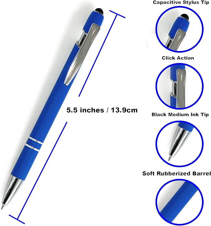Pack of 5 Rubberized Comfort Soft Touch 2 in 1 Ballpoint Pen Capacitive Stylus Tip, Premium Metal Medium Point, Black Ink, Compatible with Most Touch Screens (Blue)