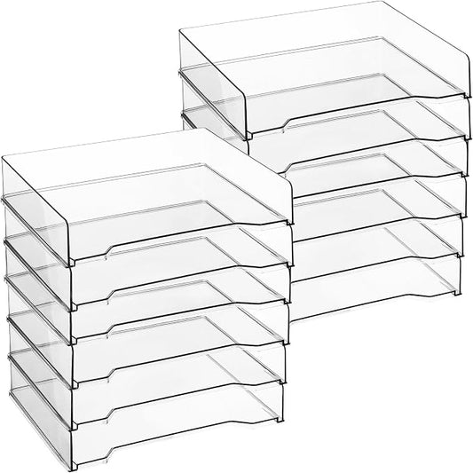 DoubleFill 12 Pcs Stackable Letter Tray Rectangular Plastic Desk Organizer 13 x 9.5 x 2.6 in Paper Holder File Tray Accessories Rack for Desktop Office Desk Drawers (Clear)