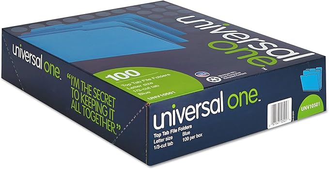 Universal 10501 File Folders, 1/3 Cut One-Ply Top Tab, Letter, Blue/Light Blue (Box of 100)