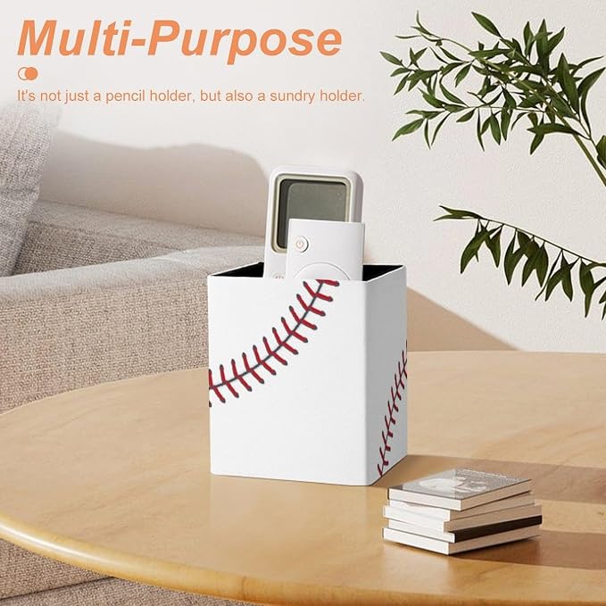 Baseball Ball Square Leather Pen Holder, Minimalist Desk Organizer for Office Home School, Pencil & Stationery Storage Box, Gift for Students Teachers Colleagues