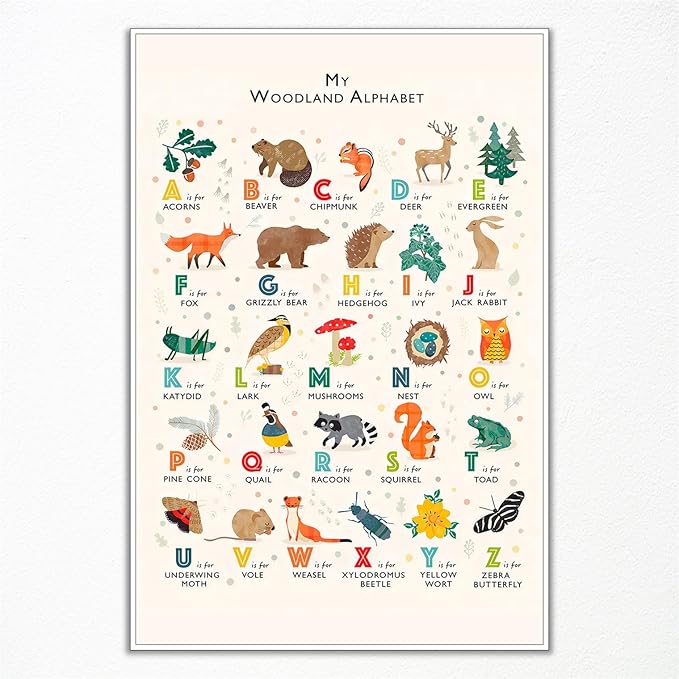 Alphabet Poster - Woodland Animal ABC Letters for Toddlers 1-3, Classroom & Nursery Wall Art, 12x16in Unframed