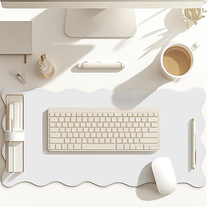 Hahafelt Scalloped Desk Mat Large Desk Pad Cute Coquette Table Mat Back to School Preppy Table Make up Pad Nonslip Graduation Gift with Stitching Waterproof Gaming(White,31.5 x 15.8 Inches)
