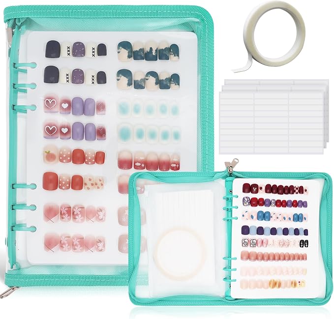 KEIFIN Press On Nail Storage Organizer Binder with 8 Insert Pages - A5 Size Reusable Fake Nail Swatch Collecting Book Polish Color Display Holder Container with Tape and Zipper Pocket (CYAN)