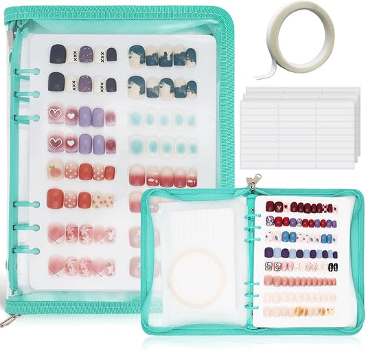 KEIFIN Press On Nail Storage Organizer Binder with 8 Insert Pages - A5 Size Reusable Fake Nail Swatch Collecting Book Polish Color Display Holder Container with Tape and Zipper Pocket (CYAN)