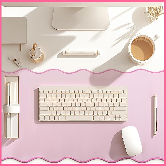 Hahafelt Scalloped Desk Mat Large Desk Pad Cute Coquette Table Mat Back to School Preppy Table Make up Pad Nonslip Graduation Gift with Stitching Waterproof Gaming(Pink,36 x 17 Inches)