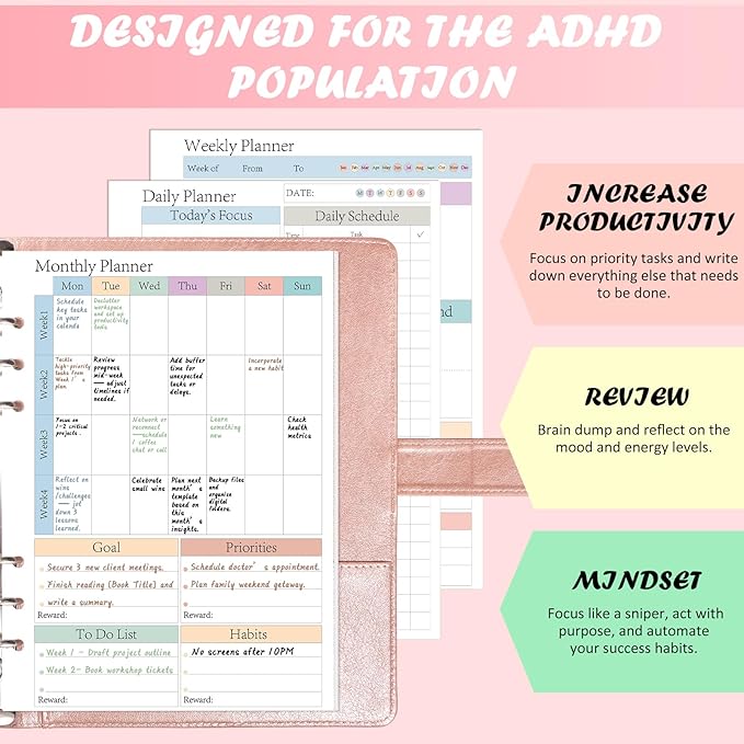 ADHD Planner Refill Pages for A5 Binders Planner Inserts Daily Weekly Monthly 480 Sheets/960 pages for 6 Ring Binder Undated Planners Refills Colorful To Do List Refill Paper 120 GSM Thick Loose Leaf Paper for 1 Year Neurodivergent Journal Productivity...