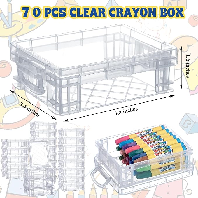 Suzile 70 Pcs Plastic Crayon Box with Lid Clear Crayon Organizer Stackable Storage Containers Bulk Pastel Holder Case for Office School Classroom Supplies Pen Pencil Art Crafts