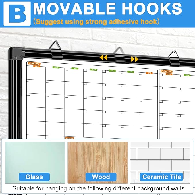12 Month Calendar Whiteboard for Wall, 72" x 40" Large Wall Calendar Dry Erase with Tray, Magnetic Dry Erase Calendar for Wall Mounted Bulletin Board for Home Classroom Office Organization