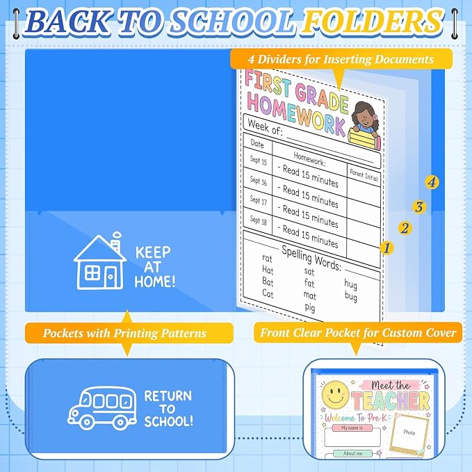 12 Pcs Take Home Folders for Elementary Students,Back to School 2 Pocket Folders with Clear Front Pocket 4 Inner Pockets,Plastic Parent Teacher Communication Folder 11.81 x 9.45 Inch (Blue)