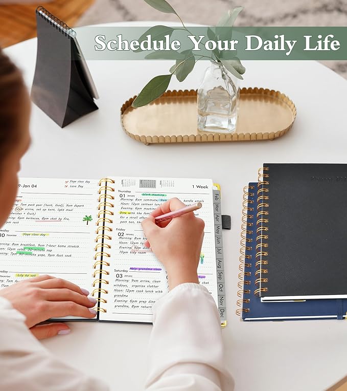 2026 Planner, Hardcover Leather Weekly and Monthly Planner, January 2026 - December 2026, Spiral Yearly Agenda Organizer Book 2026 with Tabs, Daily Calendar Planners for School Work Home, A4 (8.5" x 11"), Black