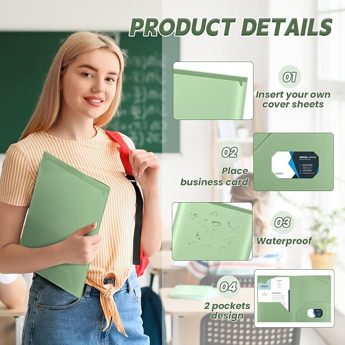 Henoyso 36 Pack Sage Green Plastic Folders with Clear Front Pockets Heavy Duty File Folders with 2 Pockets and Card Slot for Student Communication School Office Presentation Report
