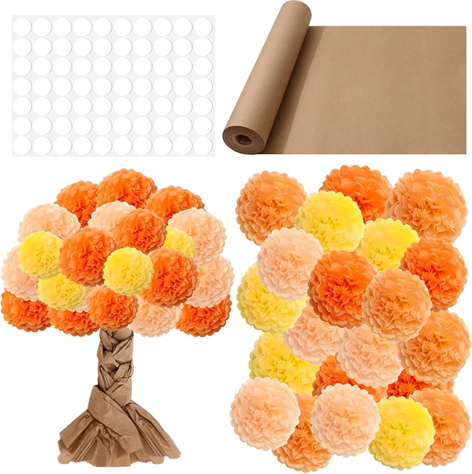 Whaline Fall Classroom Tree Bulletin Board Set 3D Classroom Wall Decor Kit 1 Roll Kraft Paper with 28 Paper Pompoms Glue Points for Autumn Party School Chalkboard Office (Orange,8, 10, 12 Inch)