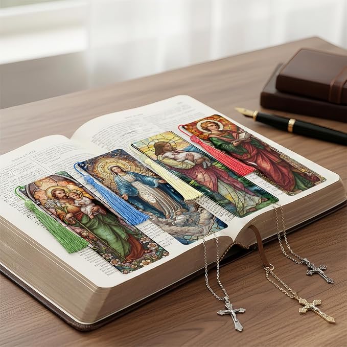 4 Pcs Stained Glass Religious PVC Bookmarks Gifts with Tassels, Catholic Saints Transparent Bookmarks for Reading Women, Christian Prayer Accessories, Bible Gifts for Book Lovers