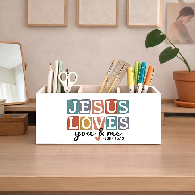 Jesus Loves You & Me Wooden Desk Organizer | Christian Faith Pen Pencil Holder, 3-Compartment Decorative Office Supply Storage Box for Desk, Home Office