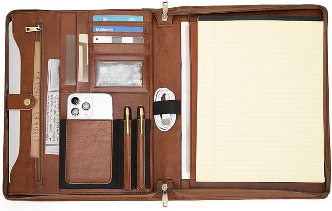 Personalized Genuine Leather Portfolio for Women and Men, Custom Engraved 8.5 x 11 Legal Padfolio, Zippered Notebook Laptop Organizer, Business Executive Folio for Work, Brown, Oil Tanned