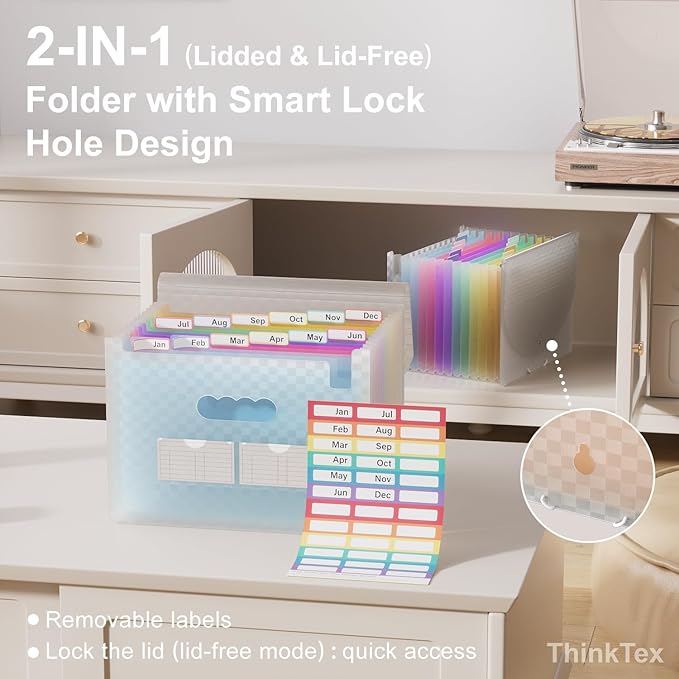 ThinkTex Accordion File Organizer, 12 - Pocket Expanding File Folders for Paper Receipts, Bills & Taxes Organizer, Letter/A4 Size Document Holder for School, Office, Home with Colorful tabs- Blue