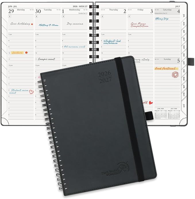 POPRUN Planner 2026-2027 (Medium - 6.5'' x 8.5'') Academic Weekly Calendar (July 2026 - June 2027) with Hourly Time Slots, Monthly Tabs, 100GSM Thick Papers, Spiral Leather Cover - Black