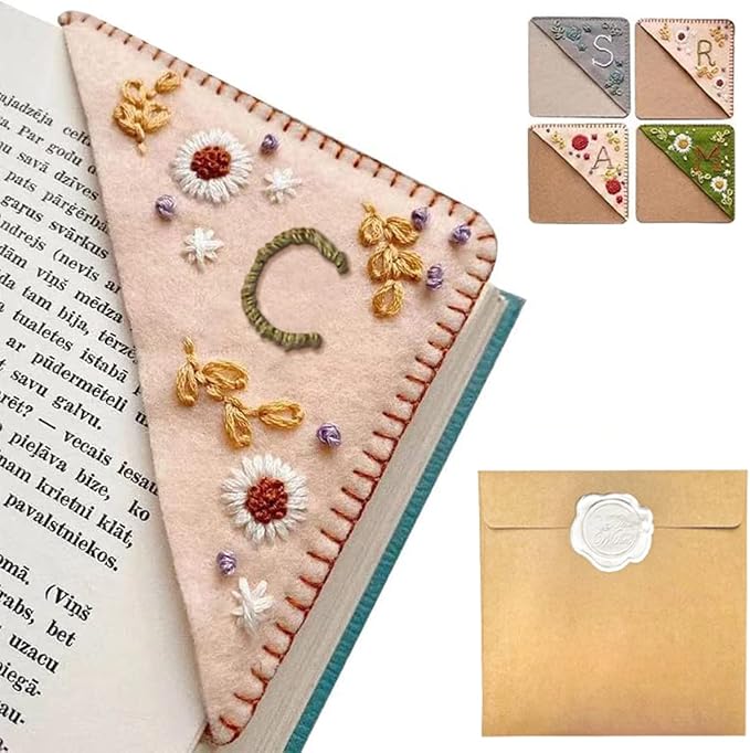 Personalized Hand Embroidered Corner Bookmark, 26 Letters Hand Stitched Felt Corner Letter Bookmark, Cute Flower Embroidery Bookmarks for Book Reading Lovers Meaningful Gift（Spring，C