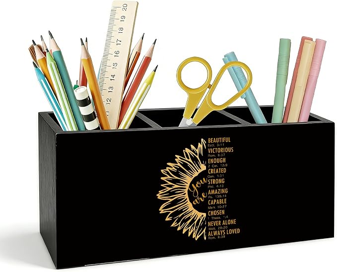 Christian Sunflower Pen Holder for Desk, Christian Gifts for Women, Inspirational Bible Verse Wooden Box Pencil Pen Holder Organizer for Home Office Desk Accessories