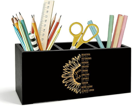 Christian Sunflower Pen Holder for Desk, Christian Gifts for Women, Inspirational Bible Verse Wooden Box Pencil Pen Holder Organizer for Home Office Desk Accessories