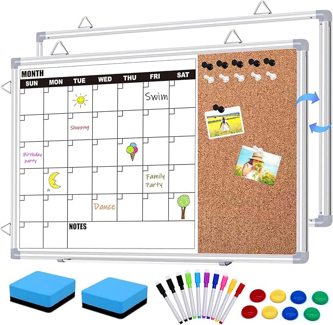 Calendar Whiteboard for Wall, 24" x 18" Double Sided Monthly Dry Erase Board Calendar for Office, Home, School, Hanging Cork Board White Board Combo, Portable Magnetic Dry Erase Planner Board