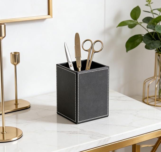 Square Pen Pencil Holder, PU Leather Pencil Cup, Desktop Stationery Organizer, Stand Desk Organizer, Office Accessories Container (Black)