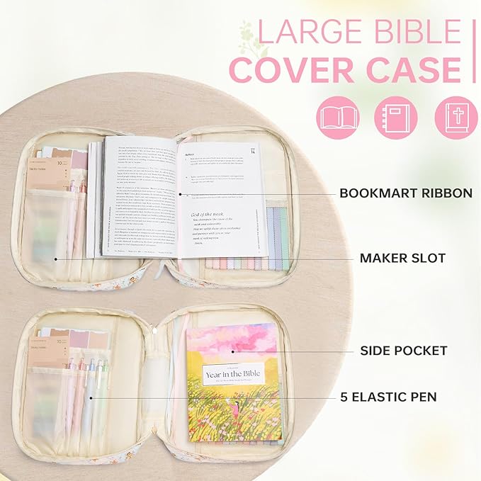 Bible Cover Case for Women Large Bible Cover with Durable Handle Quilted Bible Carrying Case for Girls Bible Study Supplies Accessories (Pink Bow, Pink Bow)