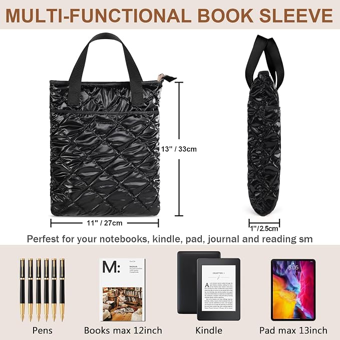 Likesing Book Sleeve for Book Lovers, 12.6" x10.6" Book Pouch Book Cover for Hardcover Paperbacks Bible Comic Kindle Journal (Black-PU Geometric)
