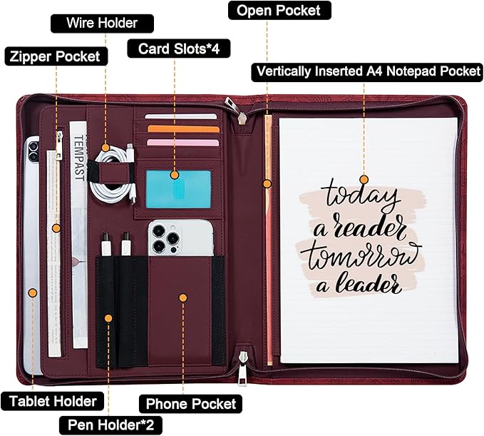Elegant Multi-Function Leather Portfolio Organizer with A4 Notepad, Tablet and Phone Holders – Perfect for Business Professionals, Students, and Entrepreneurs – Ideal for Meetings, Conferences