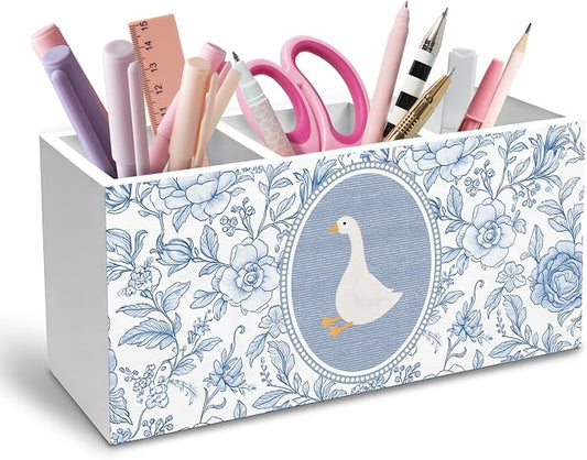 Blue and White Floral Goose Pen Holder for Desk, Chinoiserie Flower Goose Pencil Organizer, Grand Millenial Animal Wooden Box Sign Desk Decor for Girl Nursery Home Office Decoration