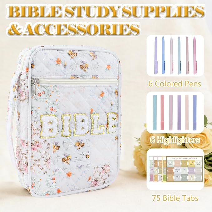 Bible Cover Case for Women, Large Chenille Letter Bible Bag with Handle, Carrying Bag with Tabs 6 Colored Pens 6 Highlighters, Back to School Study Supplies Christian Church Gifts, Spliced Flower