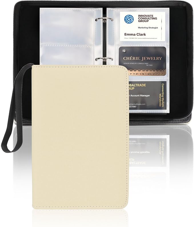 Leather Business Card Book Holder Organizer, Professional Name Card Book Holder with 300 Card Capacity, Portable PU Credit Card Binder File Sleeve Storage for Men Women,50 Pack Sleeves Zipper Closure