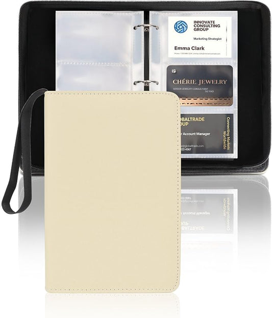 Leather Business Card Book Holder Organizer, Professional Name Card Book Holder with 300 Card Capacity, Portable PU Credit Card Binder File Sleeve Storage for Men Women,50 Pack Sleeves Zipper Closure