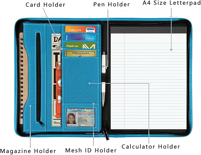 Zippered Portfolio Organizer/ A4 Refillable Lined Writing Notepad Folder Case/Fabric-Covered Padfolio Binder with Interior Storage Pocket for Men Women.Blue