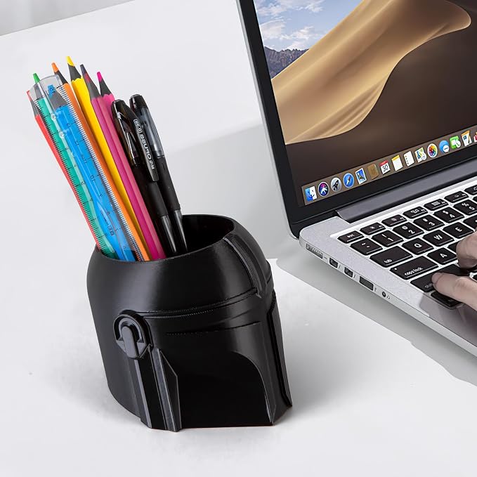 Cool Helmet Pen Holder, Armor Figurine Pencil Holder for Office Desk Decor, 3D Printed, Grey, Durable and Fun Gift Idea