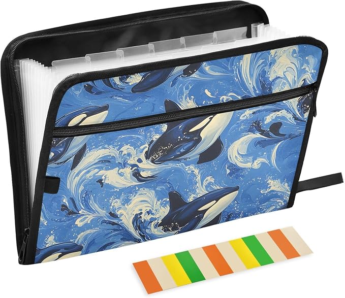 Expanding File Folder Orca Wave Blue Whale Accordion File Organizer 13 Pockets Document Organizer with Zipper Labels A4 Letter Office Storage