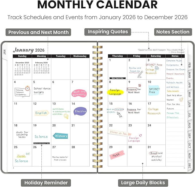 2026 Planner - Weekly and Monthly Planner, January 2026 to December 2026, Spiral Bound 2026 Calendar Planner Book, Inner Pocket, Perfect for Office Home School Supplies - A5 (6.3" x 8.5"), Stone Gray
