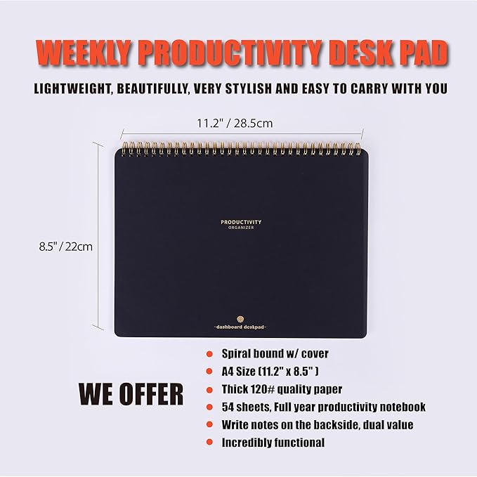 ZERONE CENTRE Productivity Weekly Planner - 54 Sheets Dashboard Spiral Deskpad Has 6 Focus Areas to List Tasks for Goals, Projects, Clients, Academic, or Shopping-Organize Your Daily Work Efficiently
