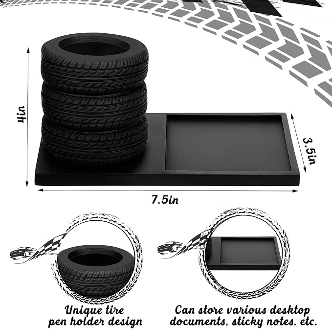 Fullhawl Tire Shaped Pen Holder with Sticky Notes Holder Set Tool Planter Pencil Storage Holder Desk Organizer Home Office Supplies Gift for Mechanics Car Lovers (Black)