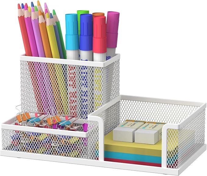 WHITE 3 Compartment Metal Mesh Desk Organizer
