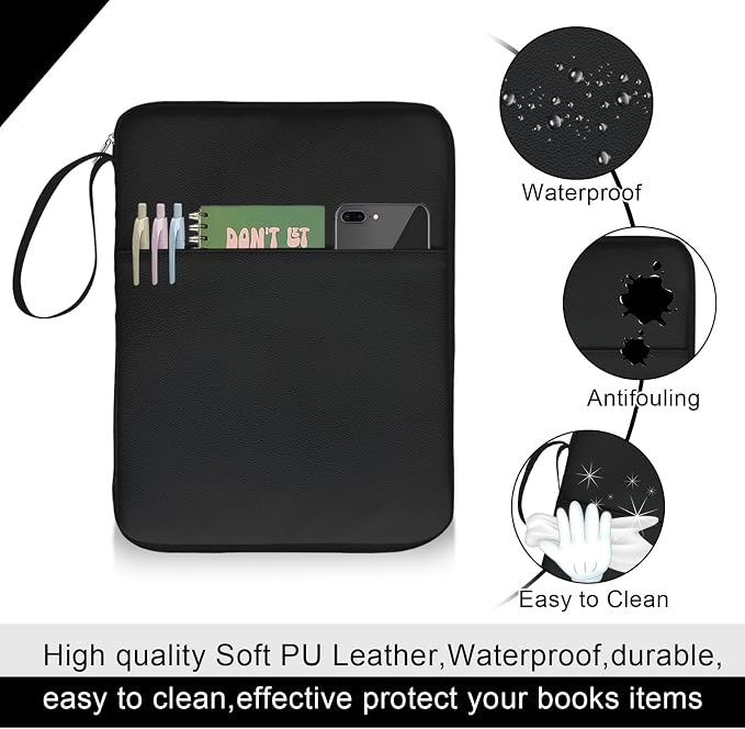 Black Book Sleeve Kindle Pouch, Book Protector Case with Zipper, PU Leather Waterproof Book Cover Bag, Portable Book Pouch for Book Lovers Gifts Paperbacks Bibles Hardcover