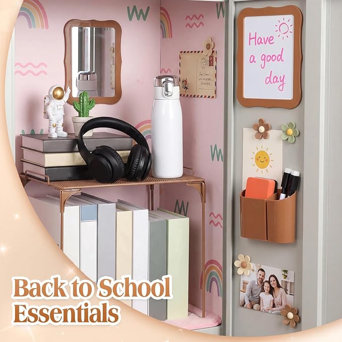 Colarr 16 Pcs Brown Locker Accessories for Girls Includes Magnetic Whiteboard & Mirror Locker Shelf Pen Holder 2 Dry Erase Marker & Eraser 9 Flowers for Back to School Essentials Decoration