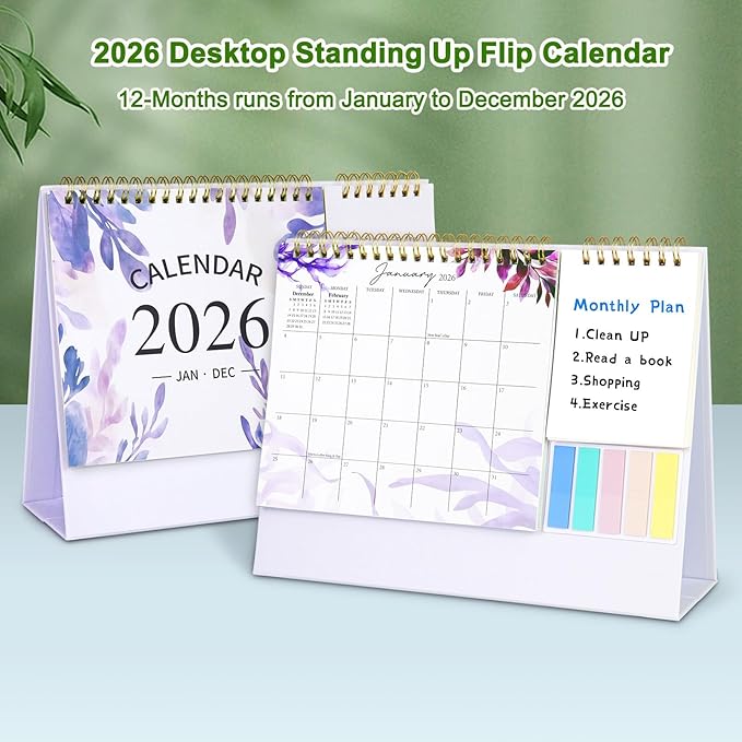 Desk Calendar 2026 Small Flip Calendar Standing Office Desktop - From Jan to Dec 2026, Small Desktop Monthly Calendar 2026 with Writing Notepads and Sticky Notes for Office Home, Purple