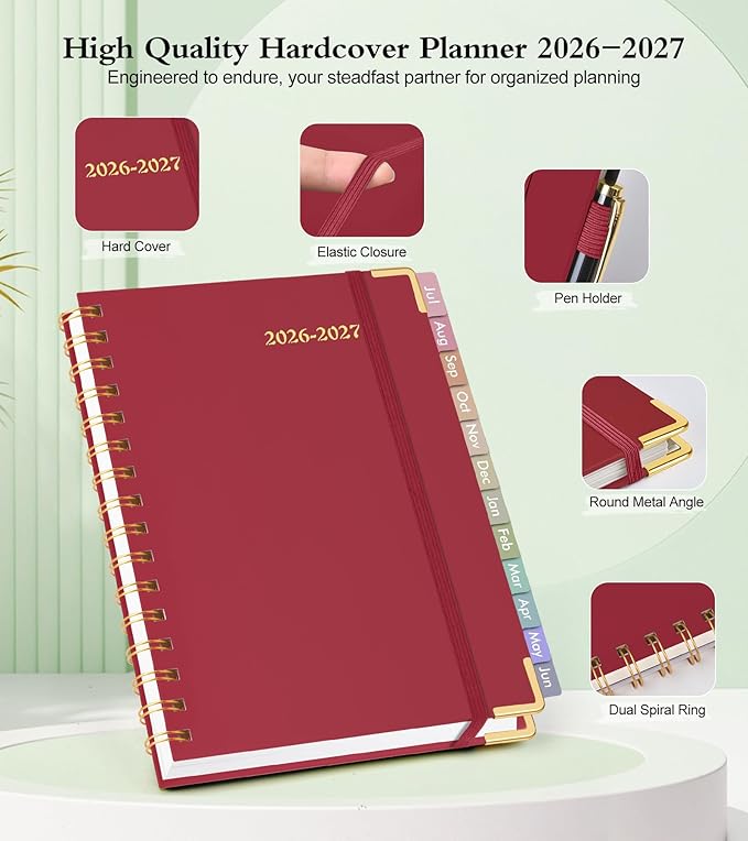Academic Planner 2026-2027, Hardcover Weekly and Monthly Calendar Planner from July 2026 - June 2027, Daily Agenda Planners with Tabs, College School Organizer for Student Teacher, A5 (6.1" x 8.2"), Red