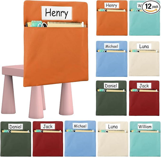 gisgfim 12 Pcs Chair Pockets for Classroom 17 x 20 Inch s with Name Tag for Classroom Chairback Pouch Bag Organizer for Student Elementary School Daycare Supply (Retro)