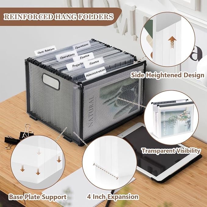 10 PCS 4 Inch Extra Capacity Hanging File Folder Plastic Letter Size Filing Cabinet Reinforced Hang Folders with Heavy Duty 4 Inch Expansion Black Insert Gasket 8.5” X 14” for Insertable Tabs