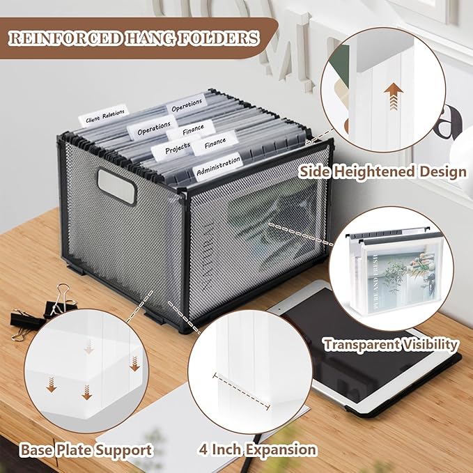 10 PCS 4 Inch Extra Capacity Hanging File Folder Plastic Letter Size Filing Cabinet Reinforced Hang Folders with Heavy Duty 4 Inch Expansion Black Insert Gasket 8.5” X 14” for Insertable Tabs
