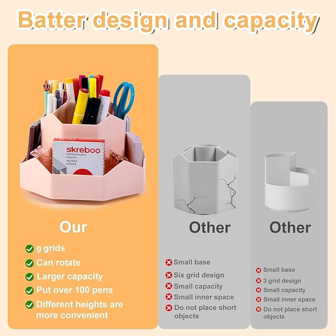 Pencil Pen Holder, 360° Rotating Pen Holder, Desk Organizer with 9 Slots, Desktop Stationery Storage for Office, School & Home, Art Supplies Desktop Decor, Pink