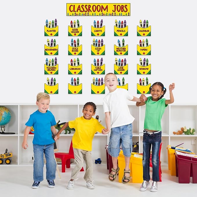 FYSUIMU Crayon Class Jobs Bulletin Board Set Colorful Classroom Jobs Pocket Chart with Name Cards Teacher's Helper Chalkboard Decor for Back to School Teacher Students Supplies, 71Pcs